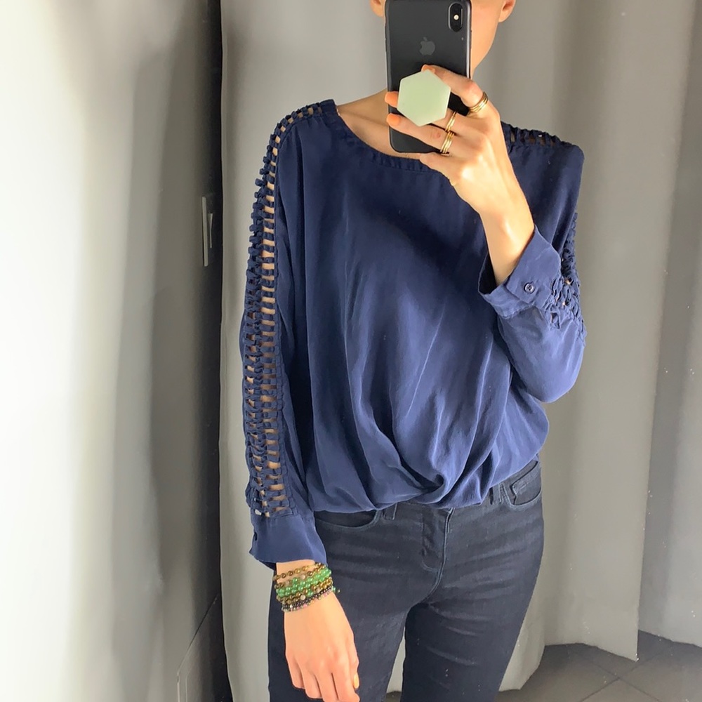 Boundary Navy Blue Blouse with cut sleeve detail